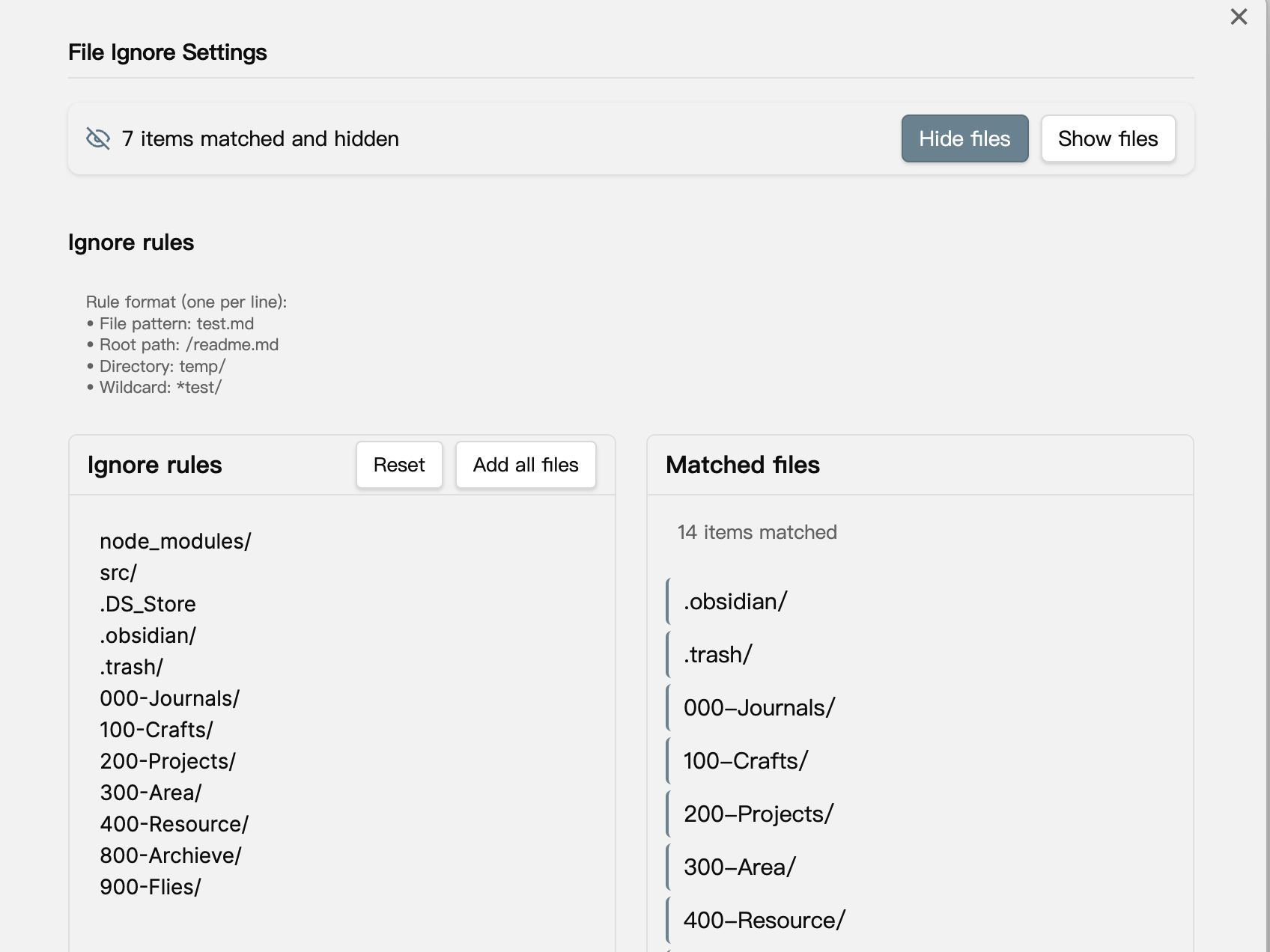 Obsidian File Ignore Plugin Settings Page - Define rules to hide files and exclude folders